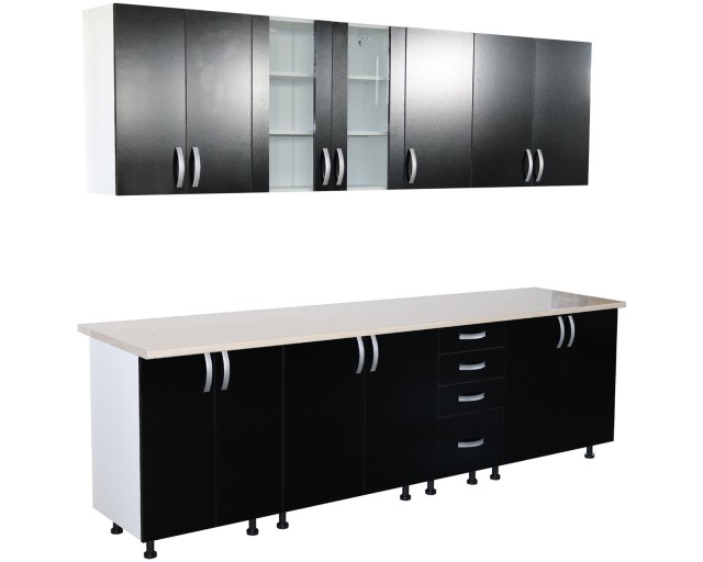 Bucatarie Zebra 260 cm din PAL Negru cu blat termoizolant alb/bej